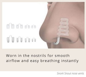 Snork Snout nose vents (also known and nasal dilators) worn in the nostrils for smooth airflow and easy breathing instantly. 